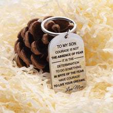 将图片加载到图库查看器,Son Gifts Keychain from Mom Dad, Inspirational Birthday Gift for Kids Men Teen Boys, Courage is Not The Absence of Fear, Have Courage, Live Your Dreams Jewelry Key Ring Fight Cancer Survivor Gift