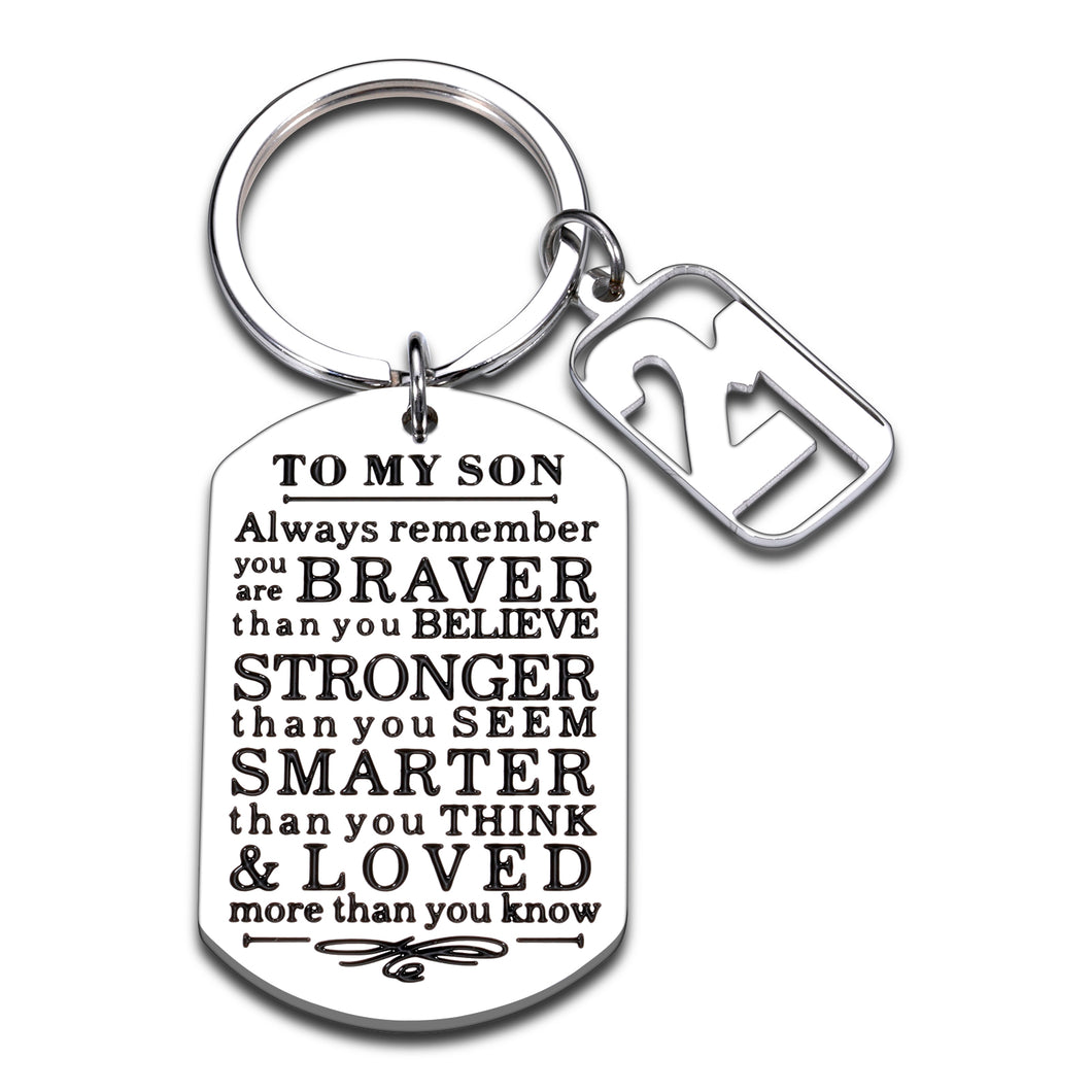 21st Birthday Gifts for Him Son from Mom Dad Inspirational Keychain Gifts to My Son Always Remember You Are Braver Than You Believe Keyring for Adult Son 21 Year Old Back To School Coming-of-age Charm