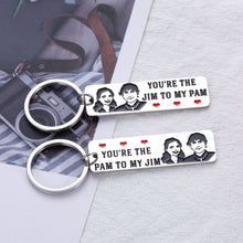 将图片加载到图库查看器，2pcs The Jam and Pam The Office TV Show Inspirational Gifts Couple Keychains for Him and Her Husband Wife Boyfriend Girlfriend for Valentines Day Anniversary Wedding Day
