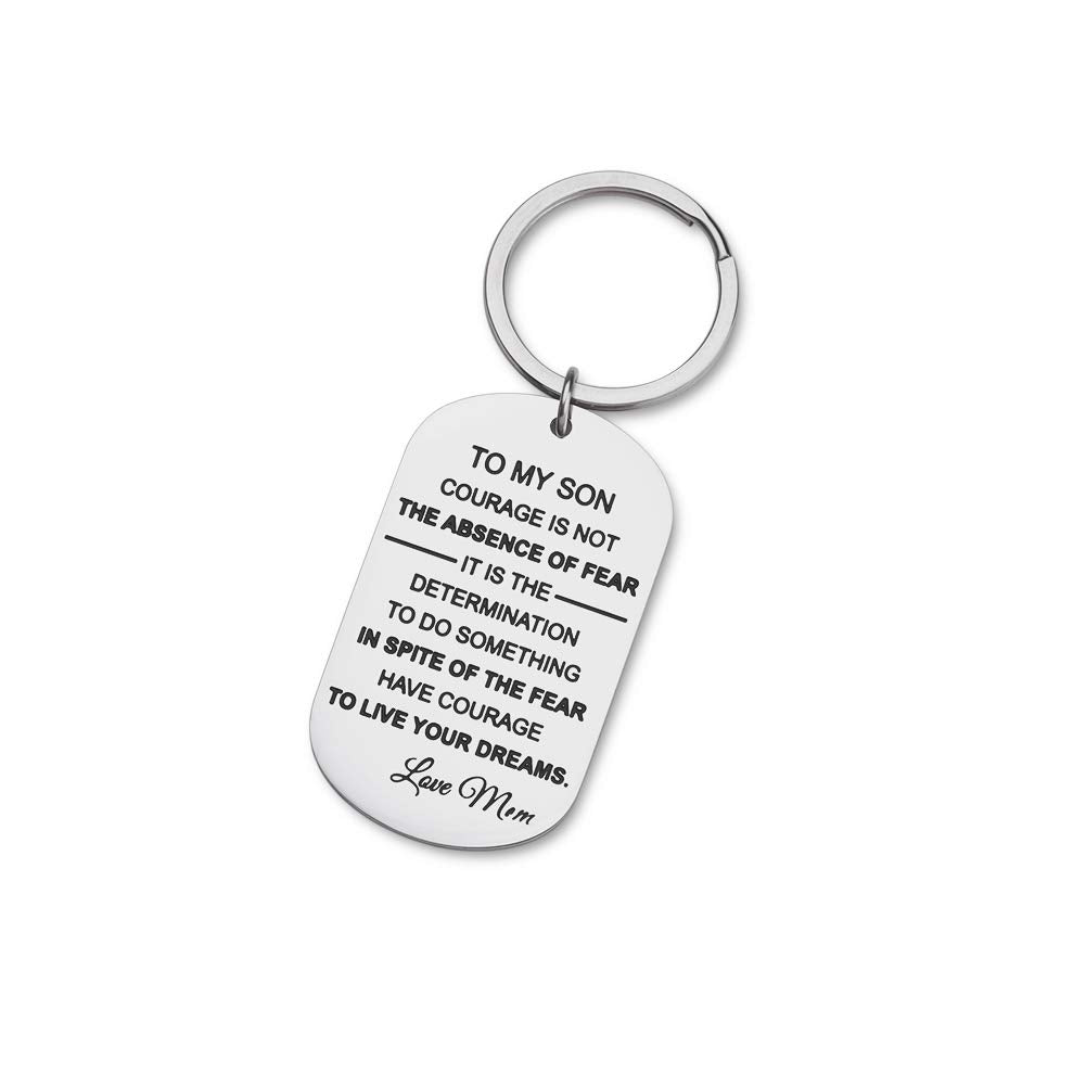 Son Gifts Keychain from Mom Dad, Inspirational Birthday Gift for Kids Men Teen Boys, Courage is Not The Absence of Fear, Have Courage, Live Your Dreams Jewelry Key Ring Fight Cancer Survivor Gift