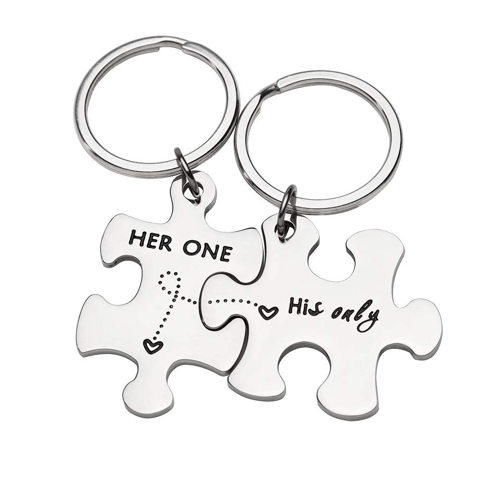 Couple Keychain Gifts for Husband Wife Him Her Puzzle Keychain Set of 2 Key Ring Charm Valentines Day Wedding Anniversary Christmas Gifts (Her One His Only)